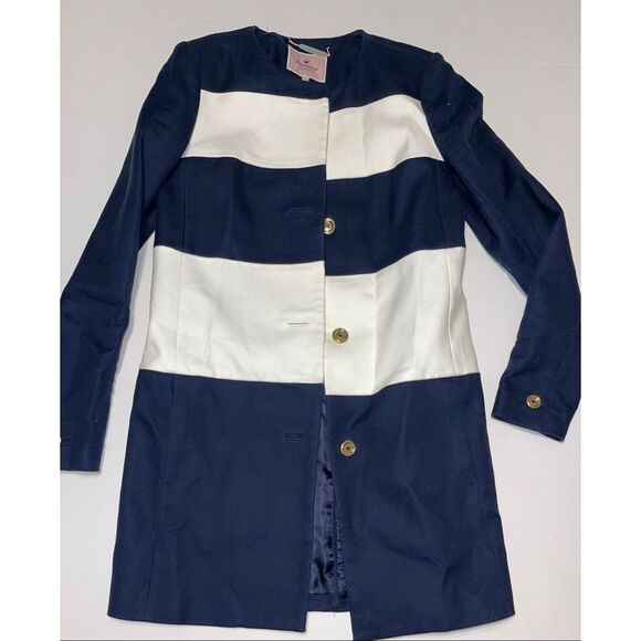 Juicy Couture Jacket Women Small Navy White Wide Stipe Long Coat - Picture 1 of 7